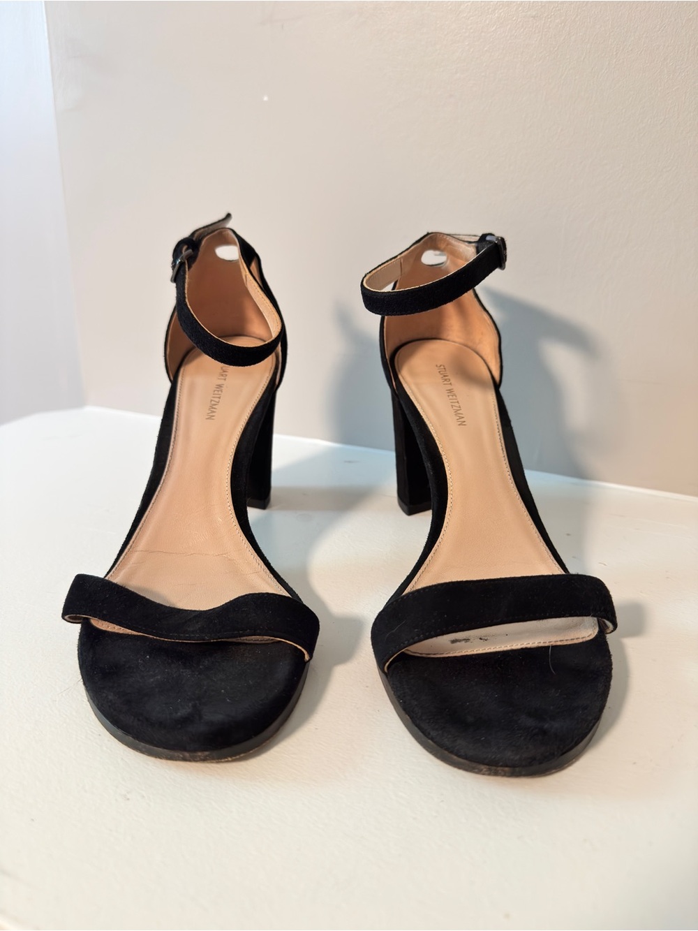 Stuart Weitzman Black Suede Ankle-Strap Block Heels